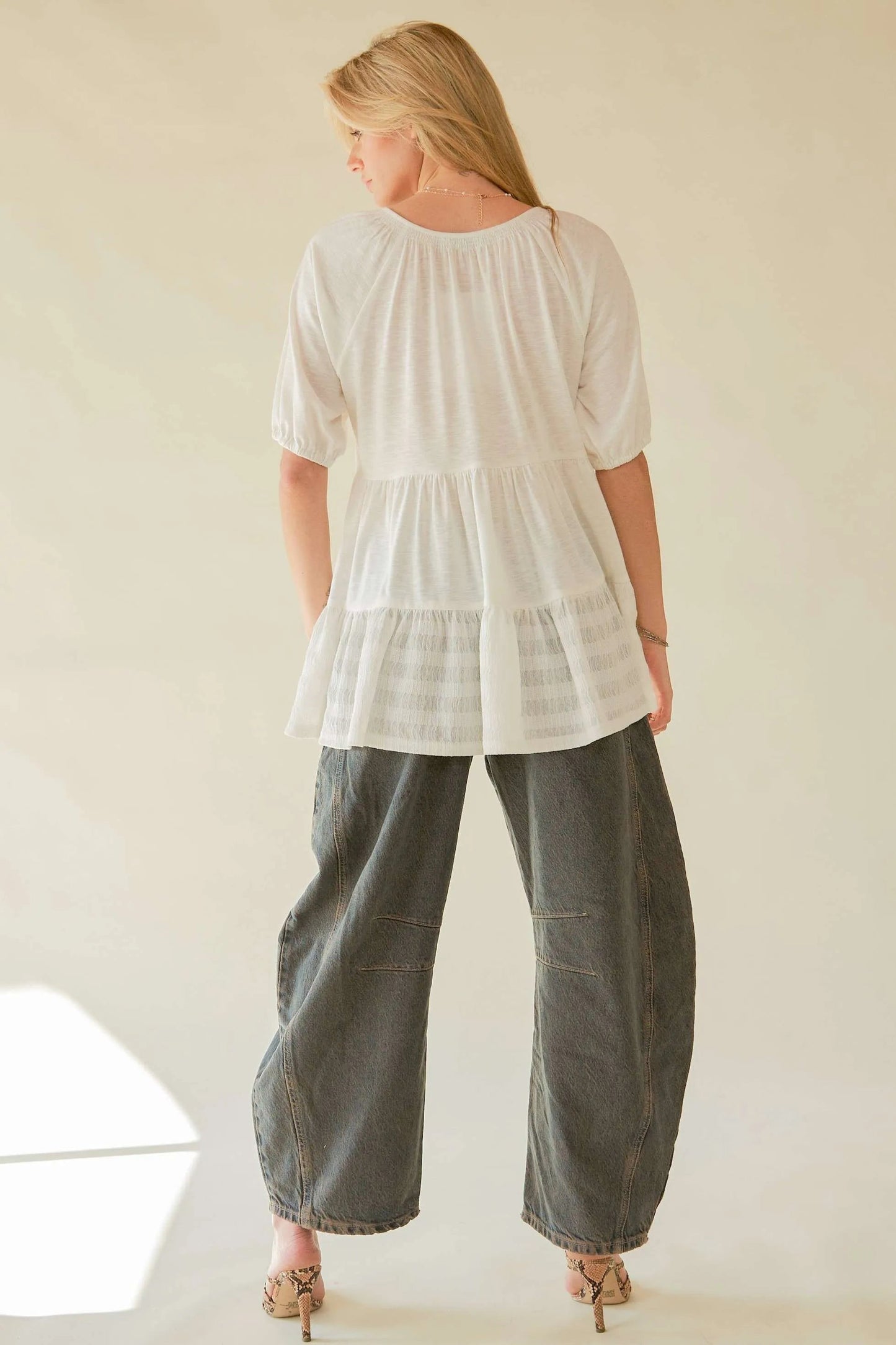 Davi & Dani Ruffled Flared Short Sleeve V Neck Blouse