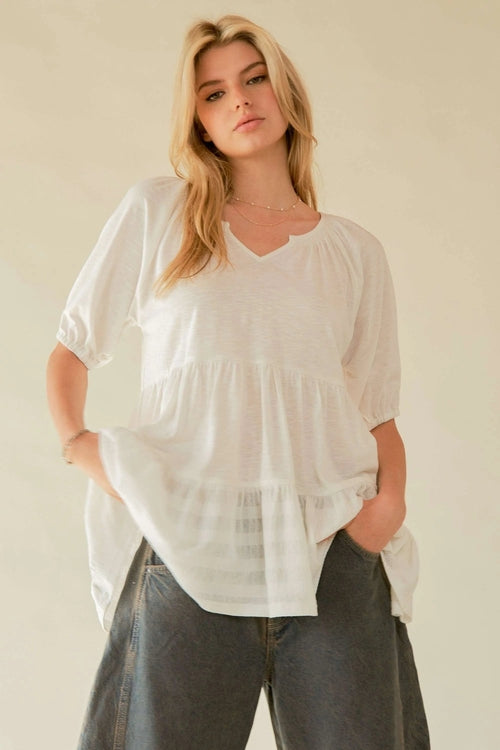 Davi & Dani Ruffled Flared Short Sleeve V Neck Blouse