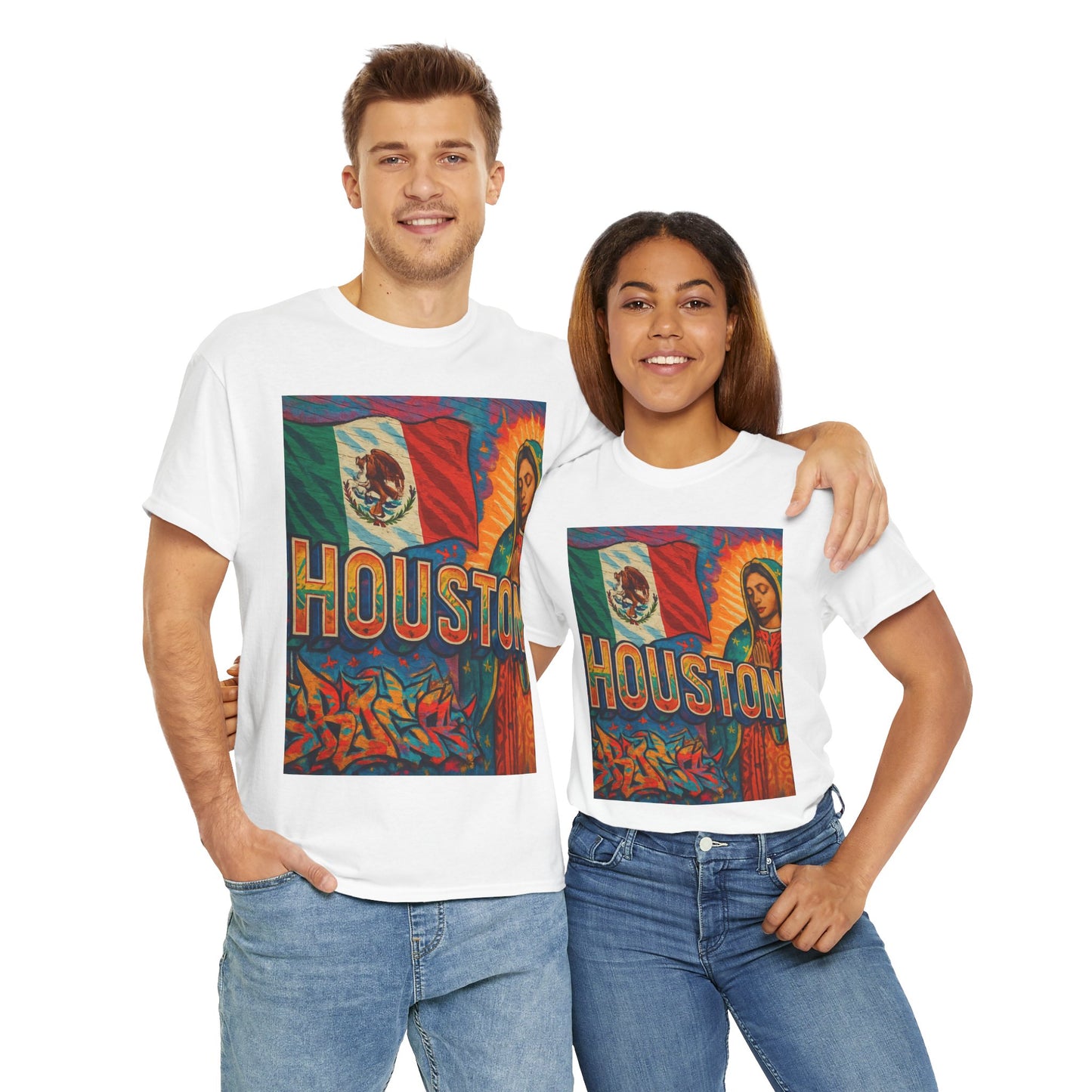 Houston Graphic Tee, Unisex Heavy Cotton Tee, Texas Pride Shirt, Mexican Culture Tee, Casual Summer Top, Fun Gift for Friends