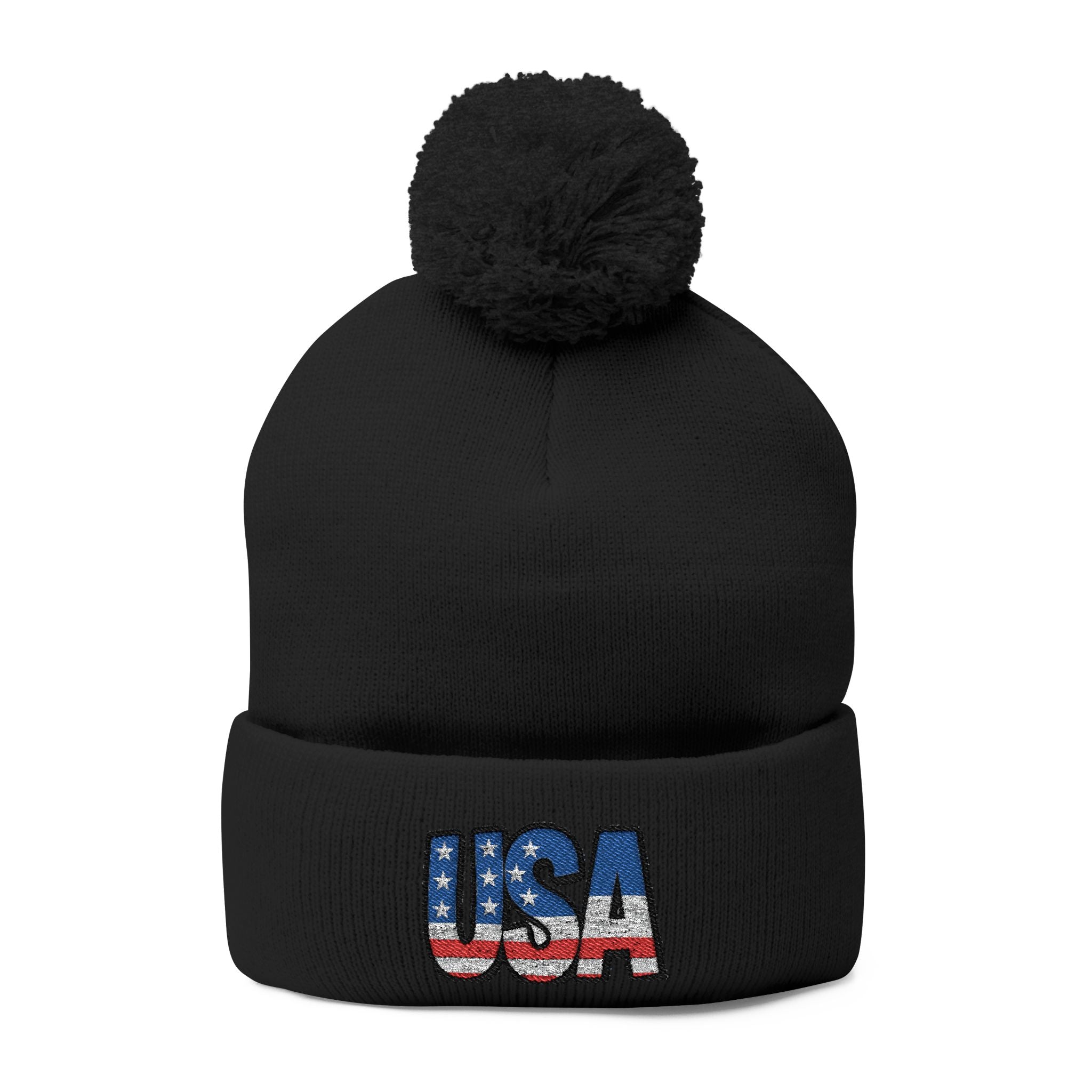USA Embroidered Pom-Pom Knit Cap