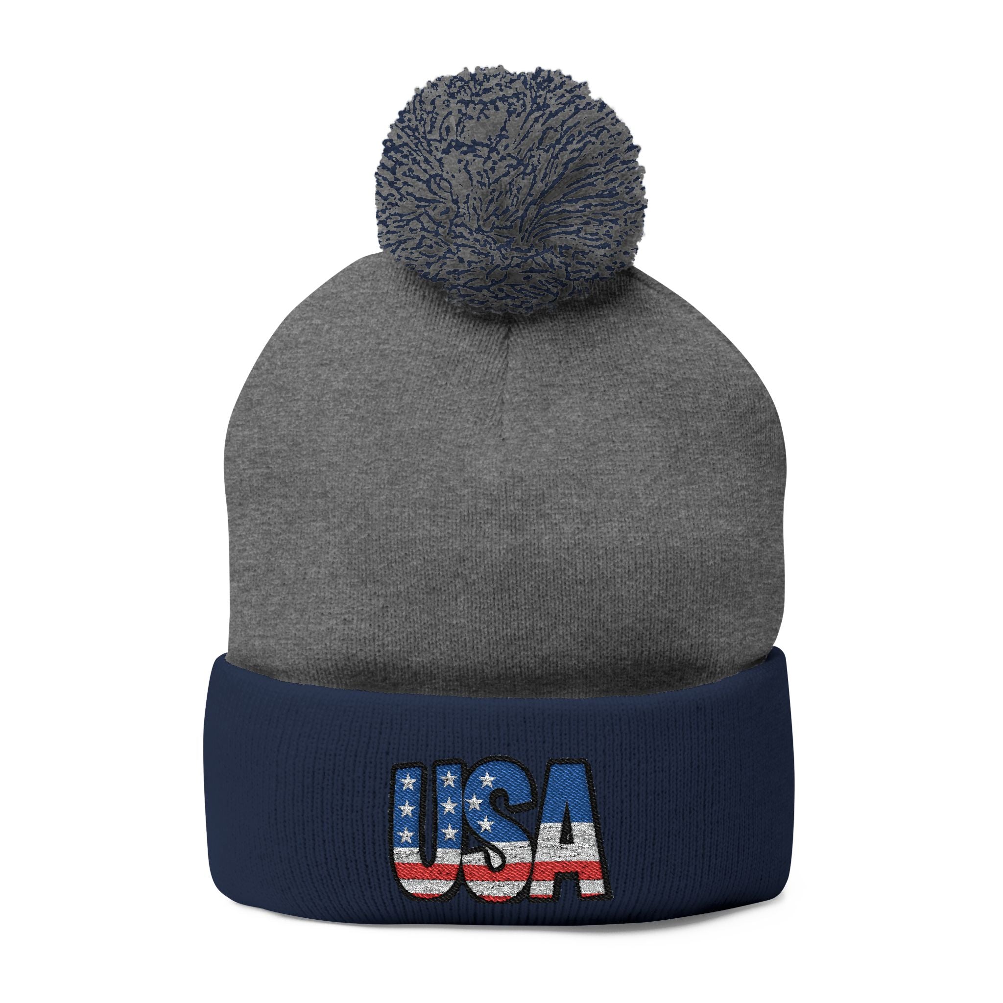 USA Embroidered Pom-Pom Knit Cap
