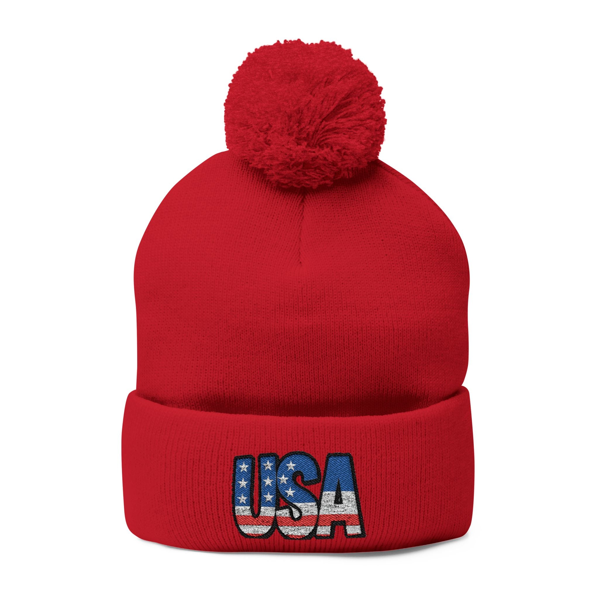 USA Embroidered Pom-Pom Knit Cap