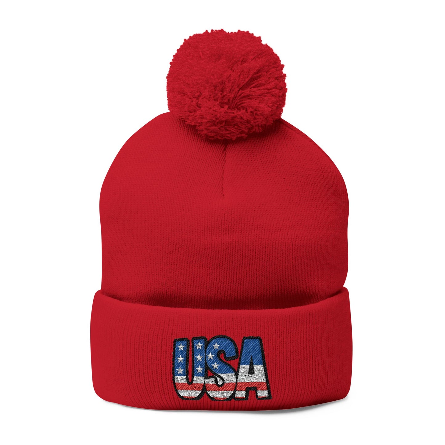 USA Embroidered Pom-Pom Knit Cap