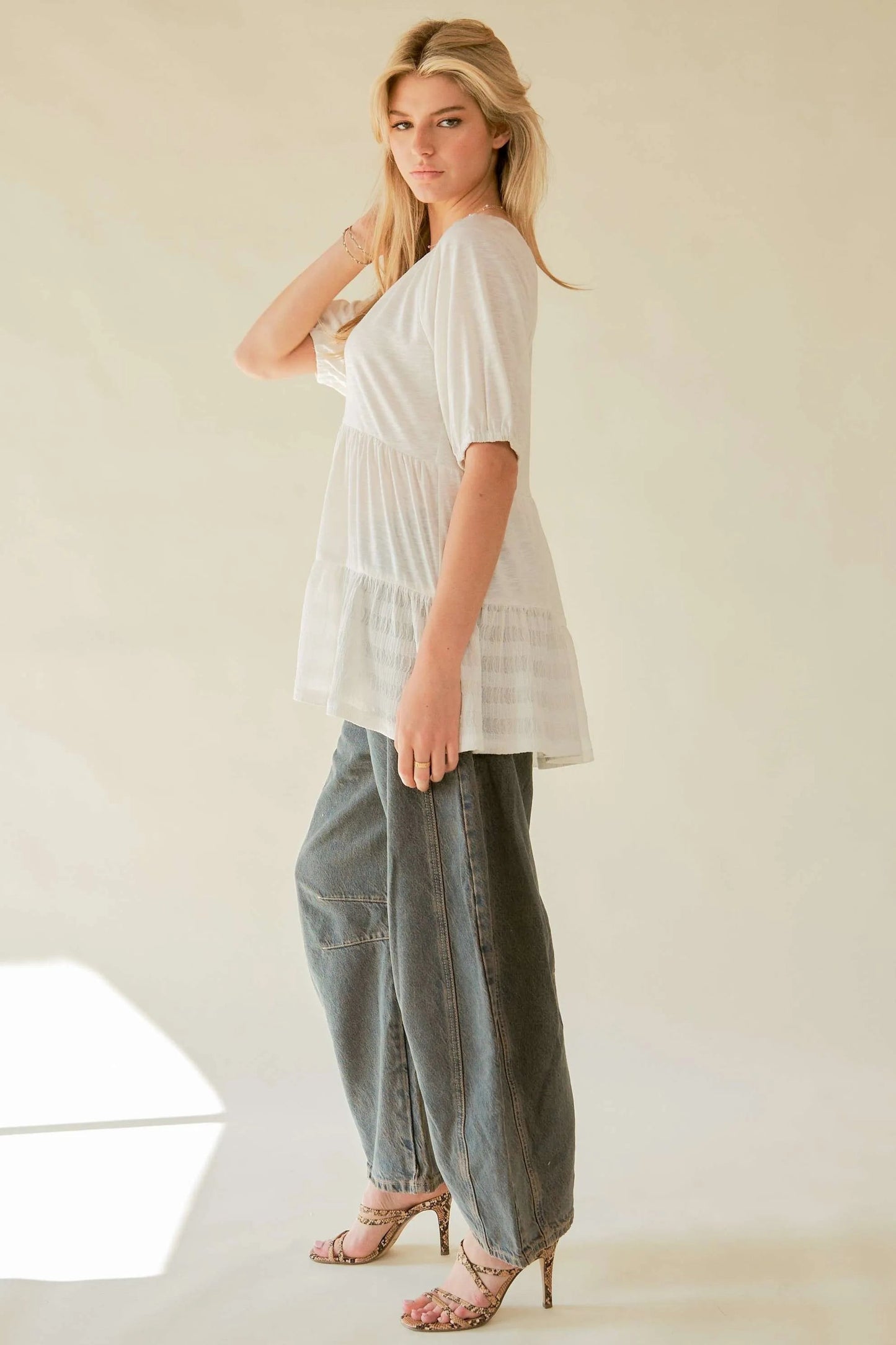 Davi & Dani Ruffled Flared Short Sleeve V Neck Blouse