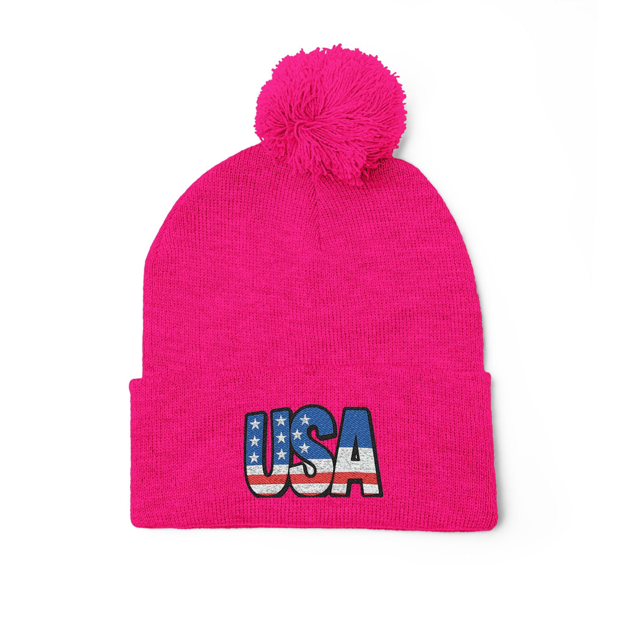 USA Embroidered Pom-Pom Knit Cap