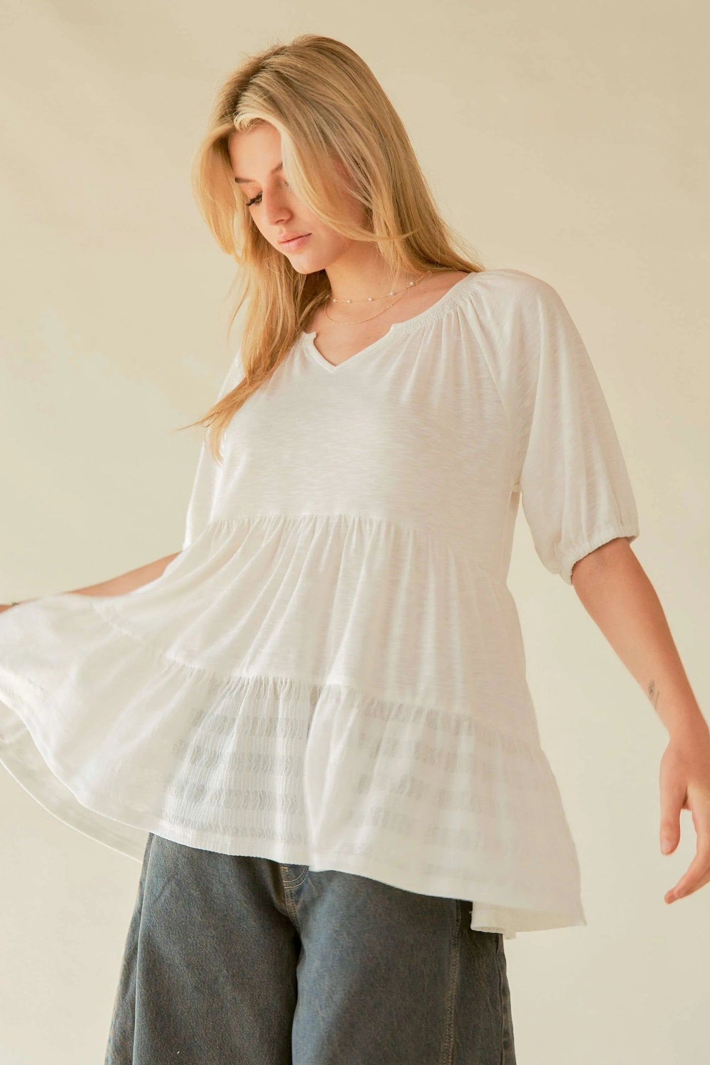Davi & Dani Ruffled Flared Short Sleeve V Neck Blouse