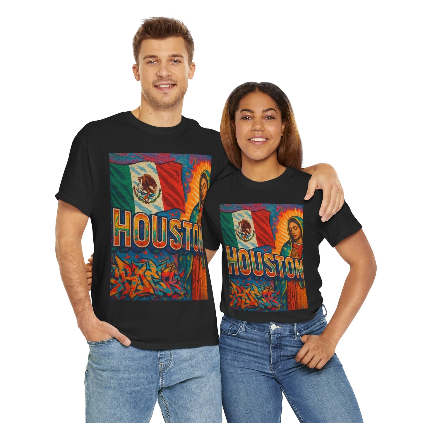 Houston Graphic Tee, Unisex Heavy Cotton Tee, Texas Pride Shirt, Mexican Culture Tee, Casual Summer Top, Fun Gift for Friends
