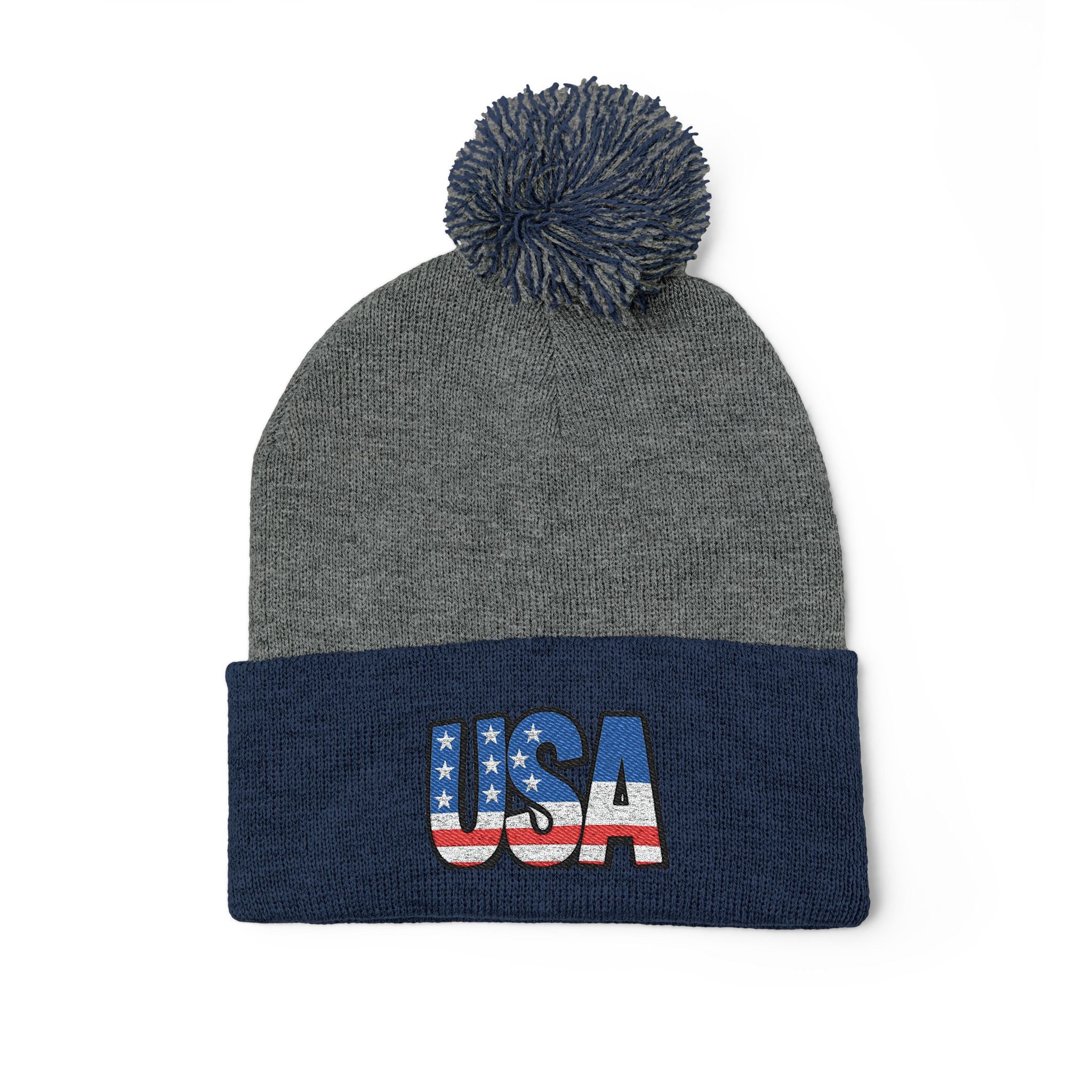 USA Embroidered Pom-Pom Knit Cap