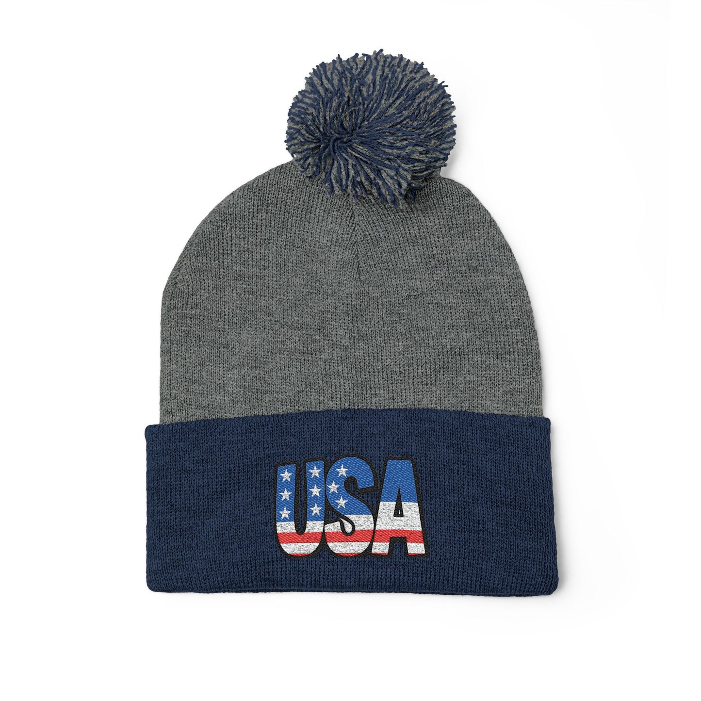 USA Embroidered Pom-Pom Knit Cap