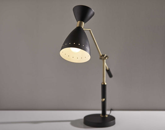 32" Black And Gold Metal Desk Lamp With Cinched Cone Shade