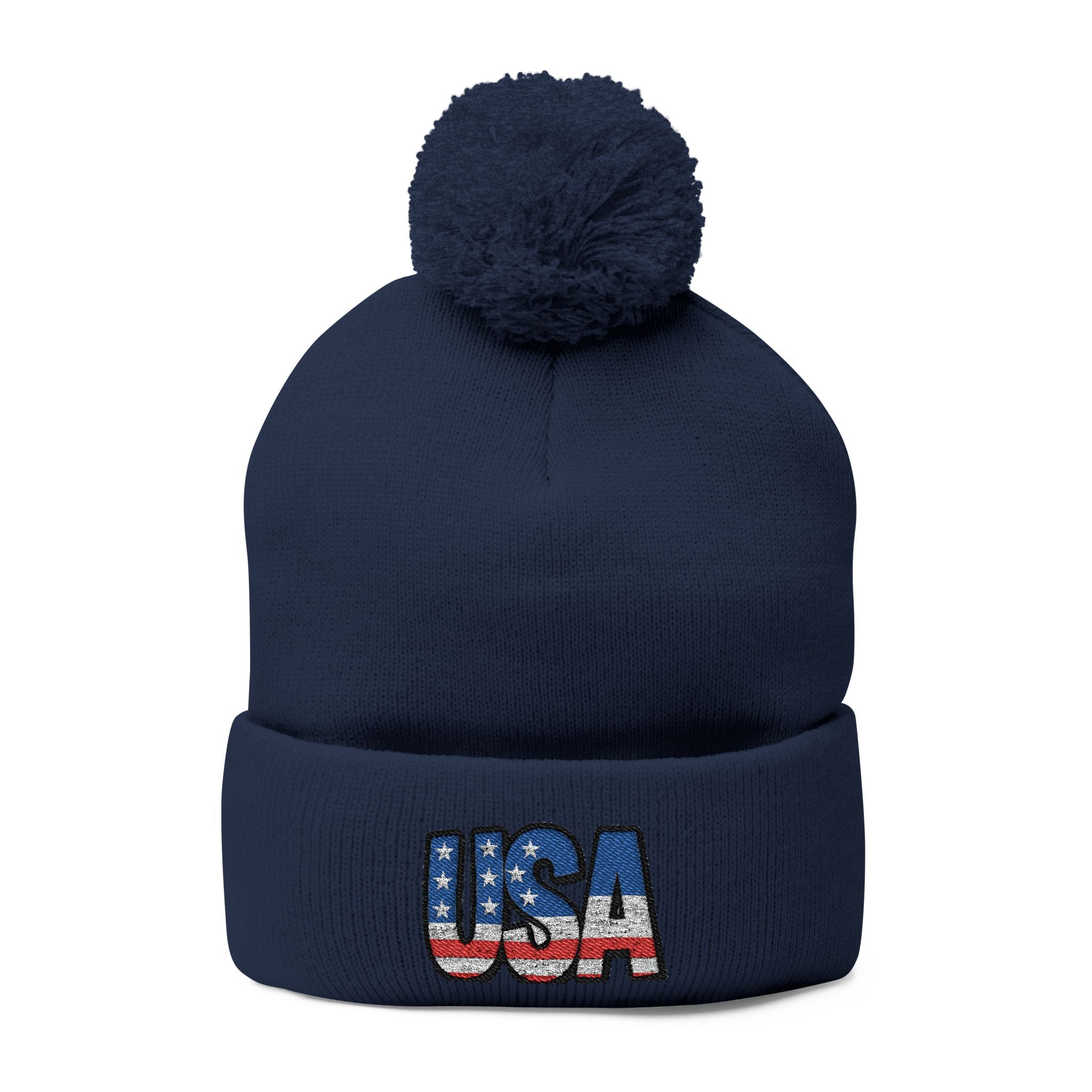 USA Embroidered Pom-Pom Knit Cap