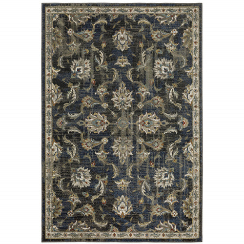10' X 13' Charcoal And Blue Oriental Distressed Area Rug