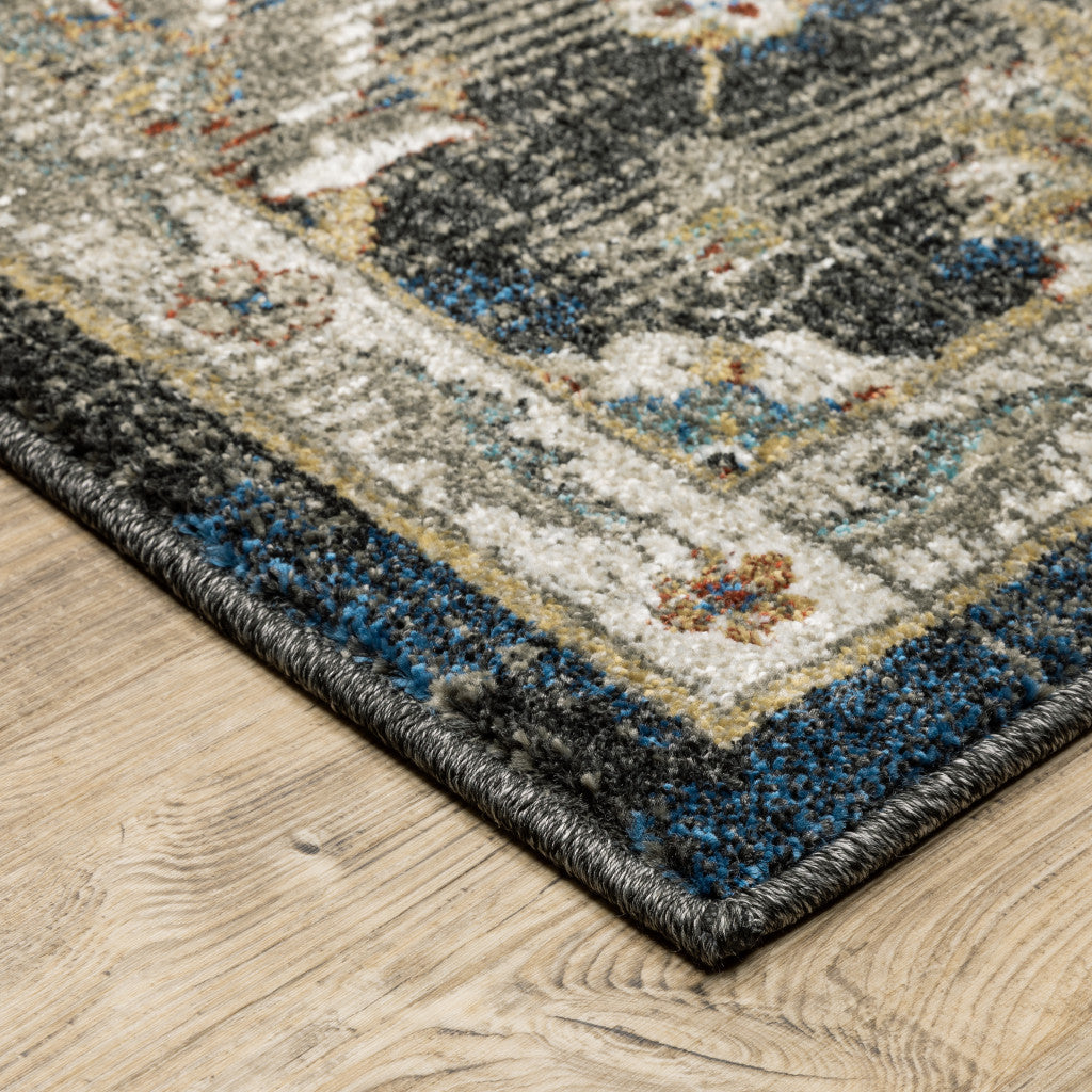 10' X 13' Charcoal And Blue Oriental Distressed Area Rug