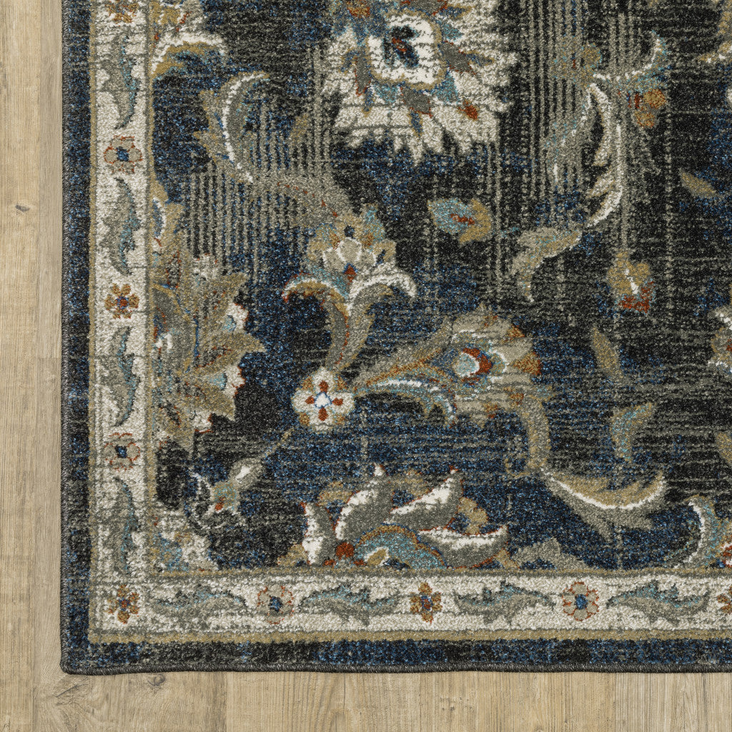 10' X 13' Charcoal And Blue Oriental Distressed Area Rug