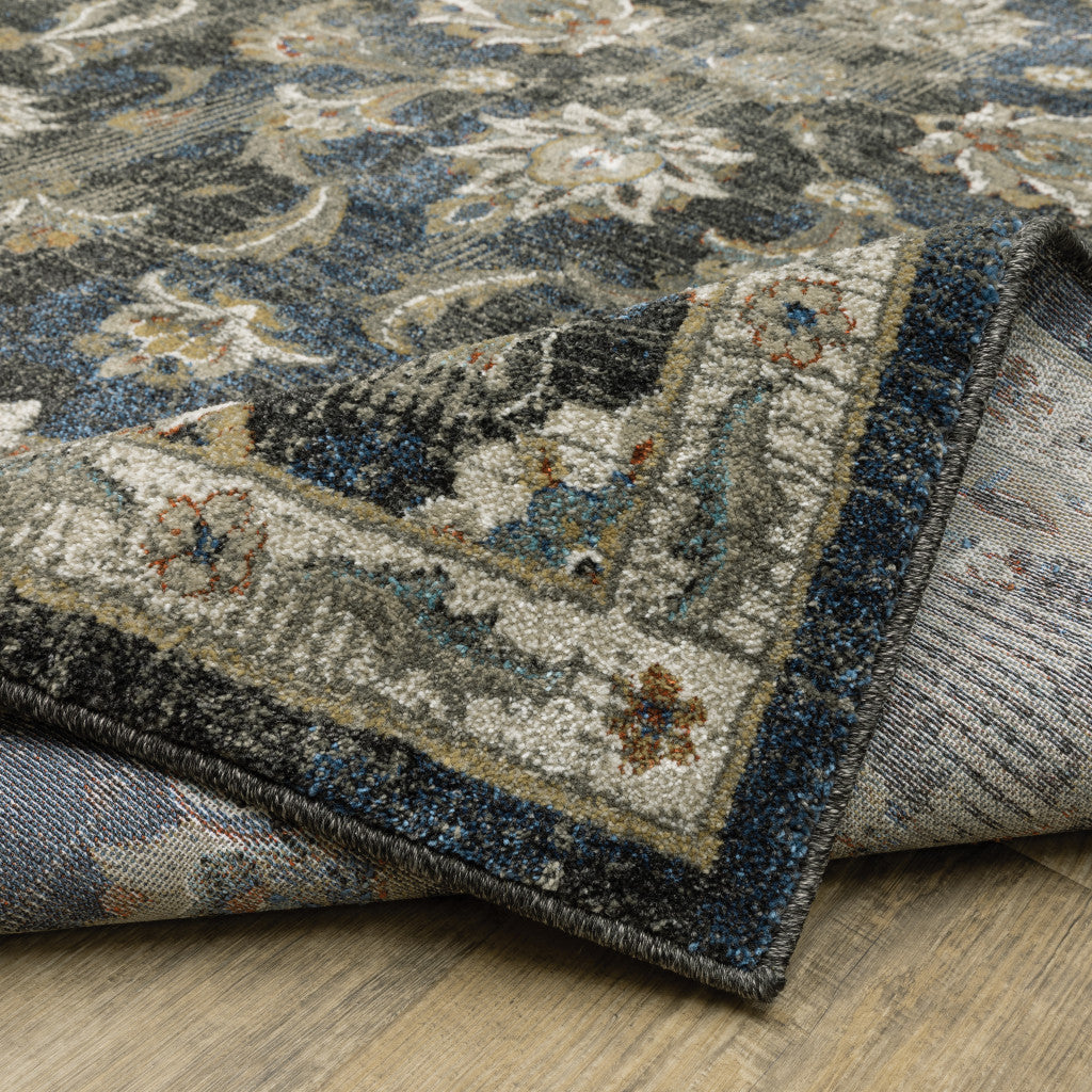 10' X 13' Charcoal And Blue Oriental Distressed Area Rug