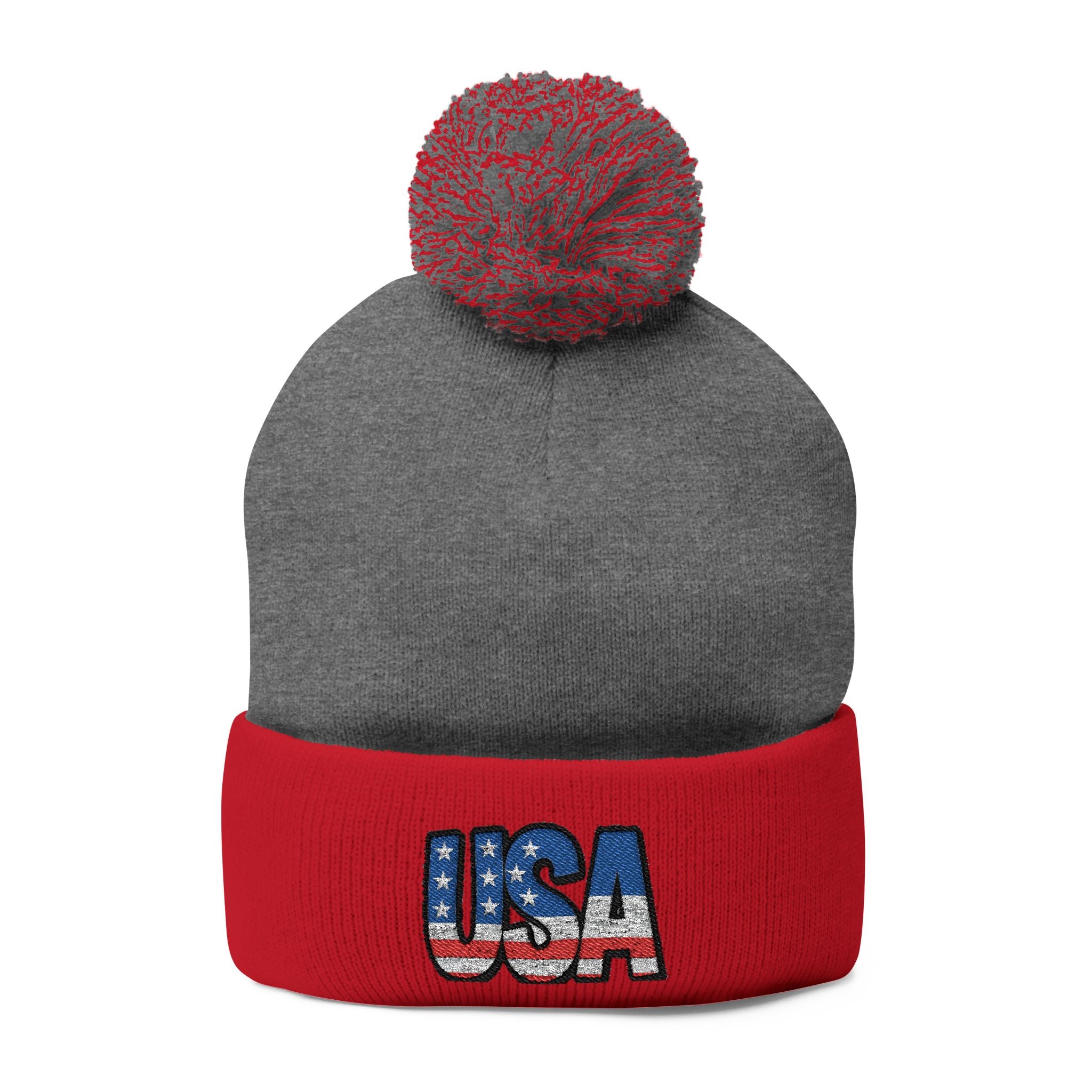 USA Embroidered Pom-Pom Knit Cap
