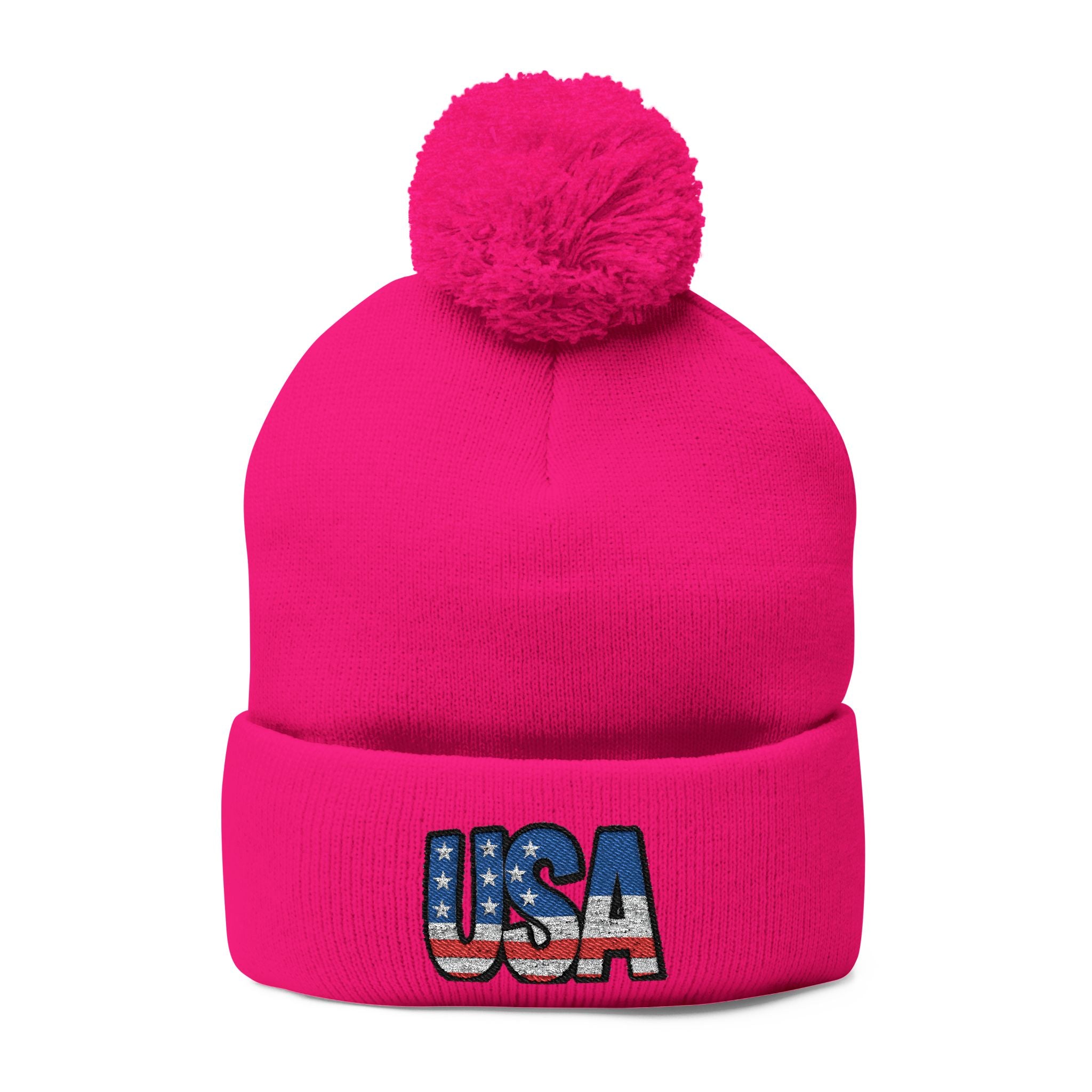 USA Embroidered Pom-Pom Knit Cap