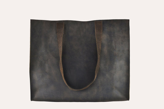 Raw Edge Genuine Leather Tote - Vintage Marbled Mocha Finish
