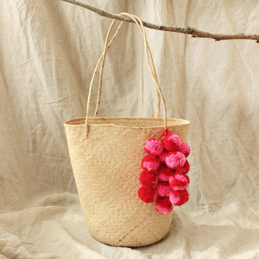 Borneo Love Rush - Handwoven Rattan Straw Tote with Pom-Poms
