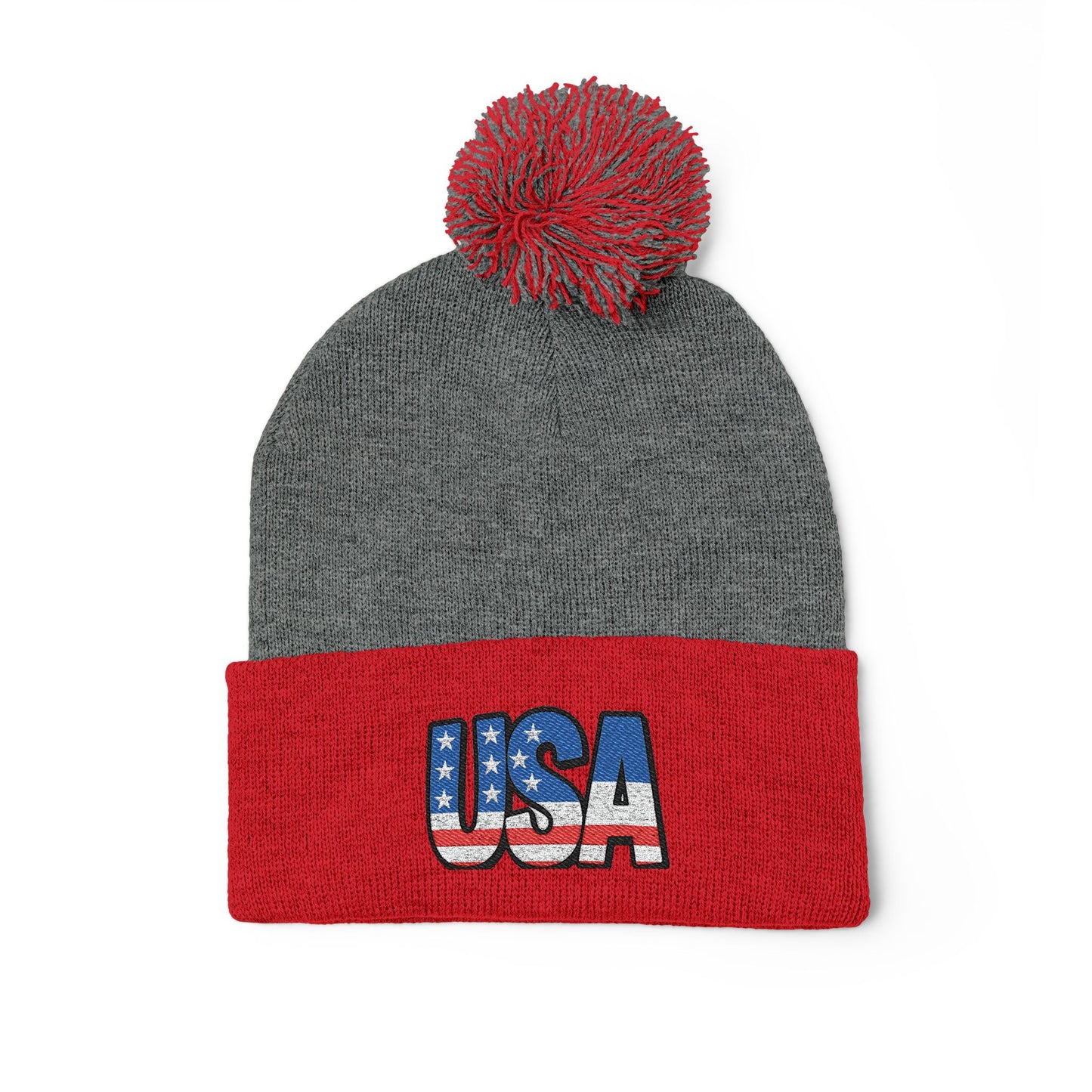 USA Embroidered Pom-Pom Knit Cap