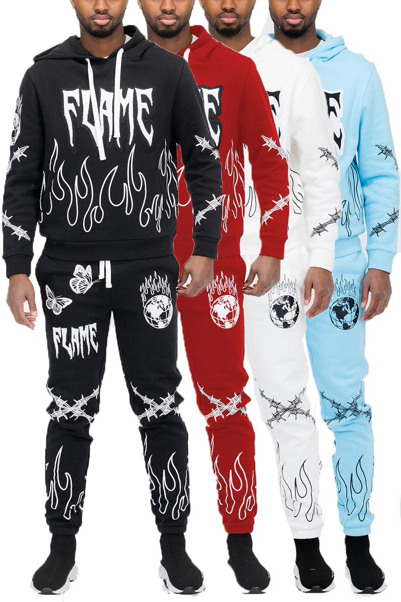 Men's Chenille Flame Patch Sweatsuit - Premium Cotton Blend
