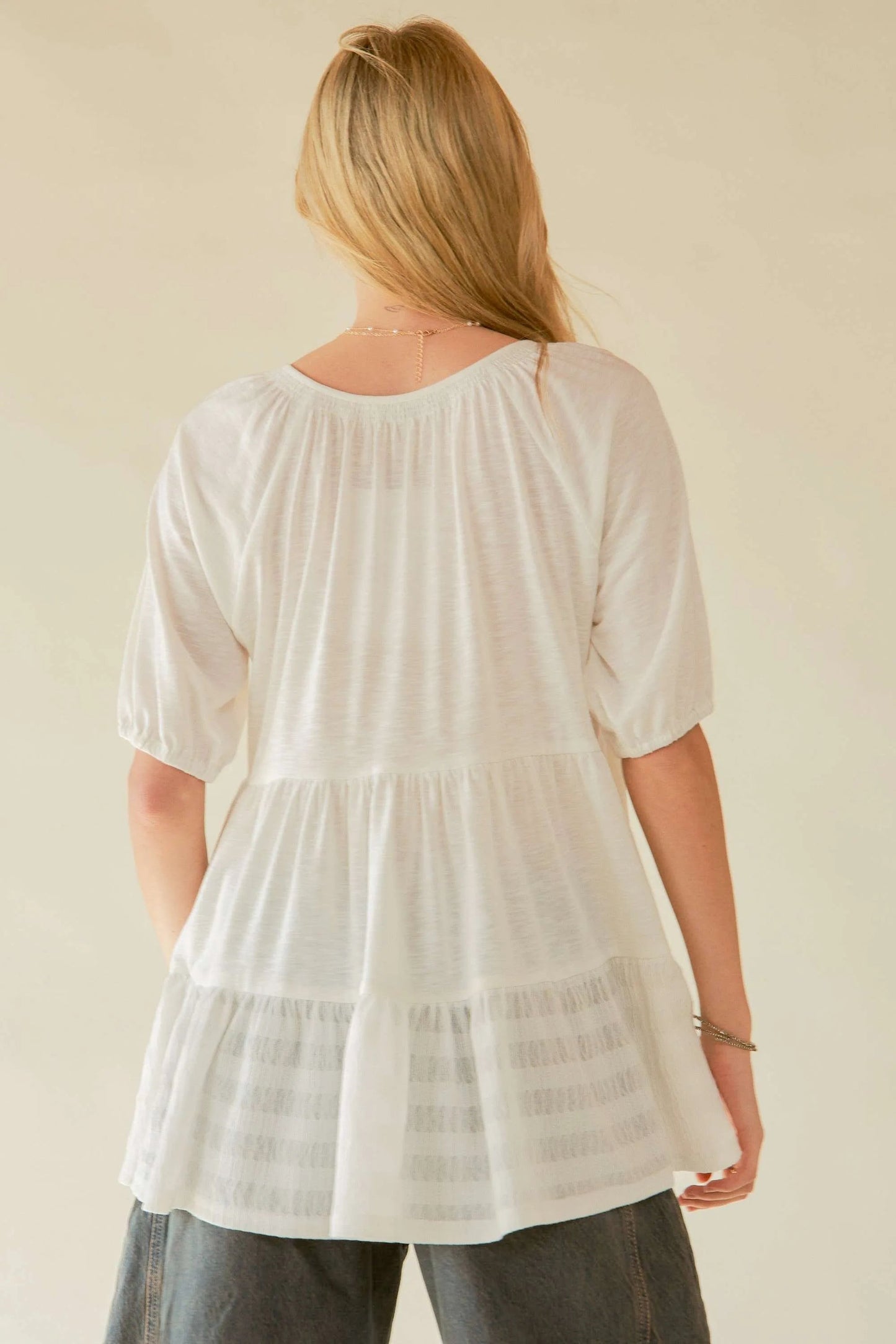 Davi & Dani Ruffled Flared Short Sleeve V Neck Blouse