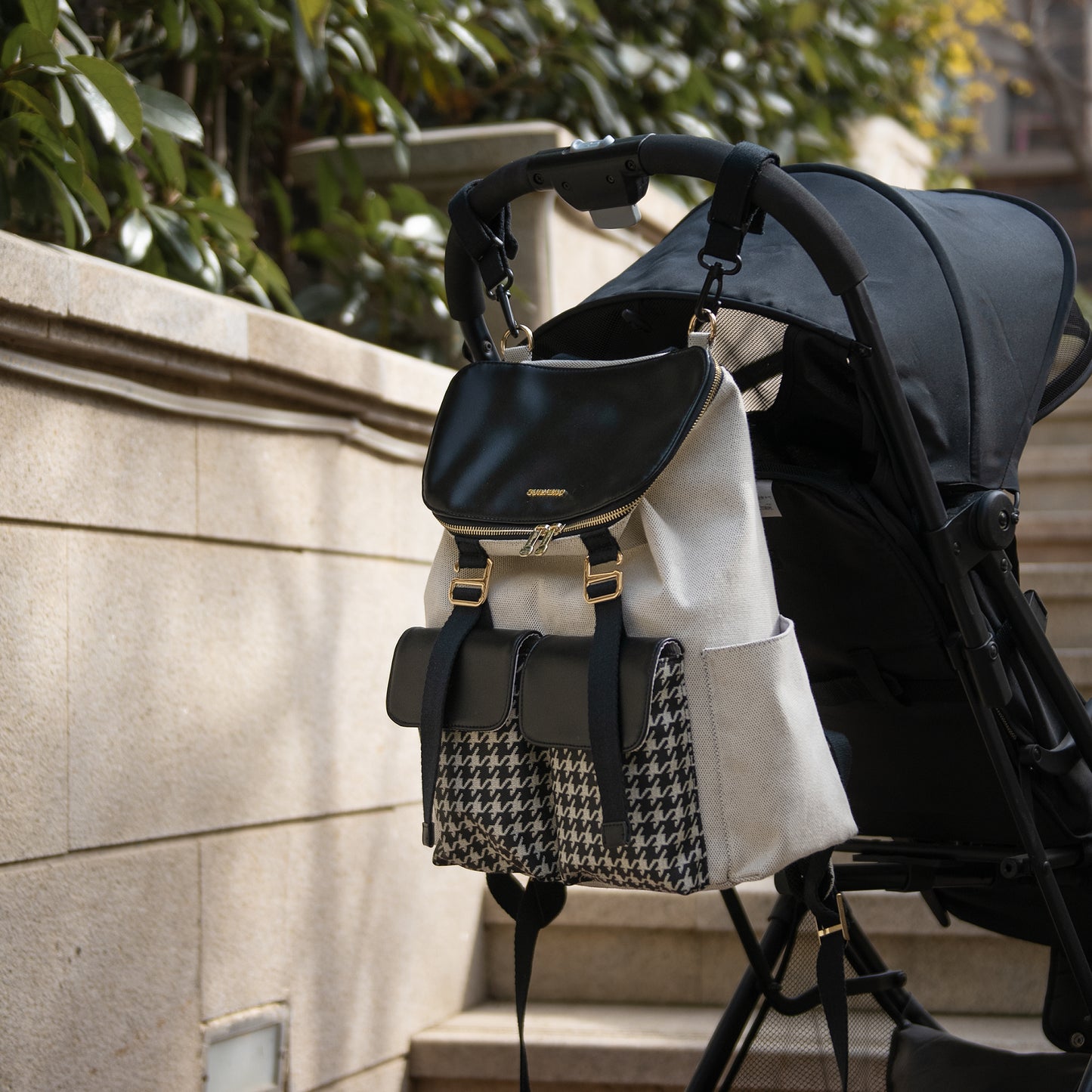 Premium Houndstooth Diaper Backpack - Water-Resistant Travel Bag