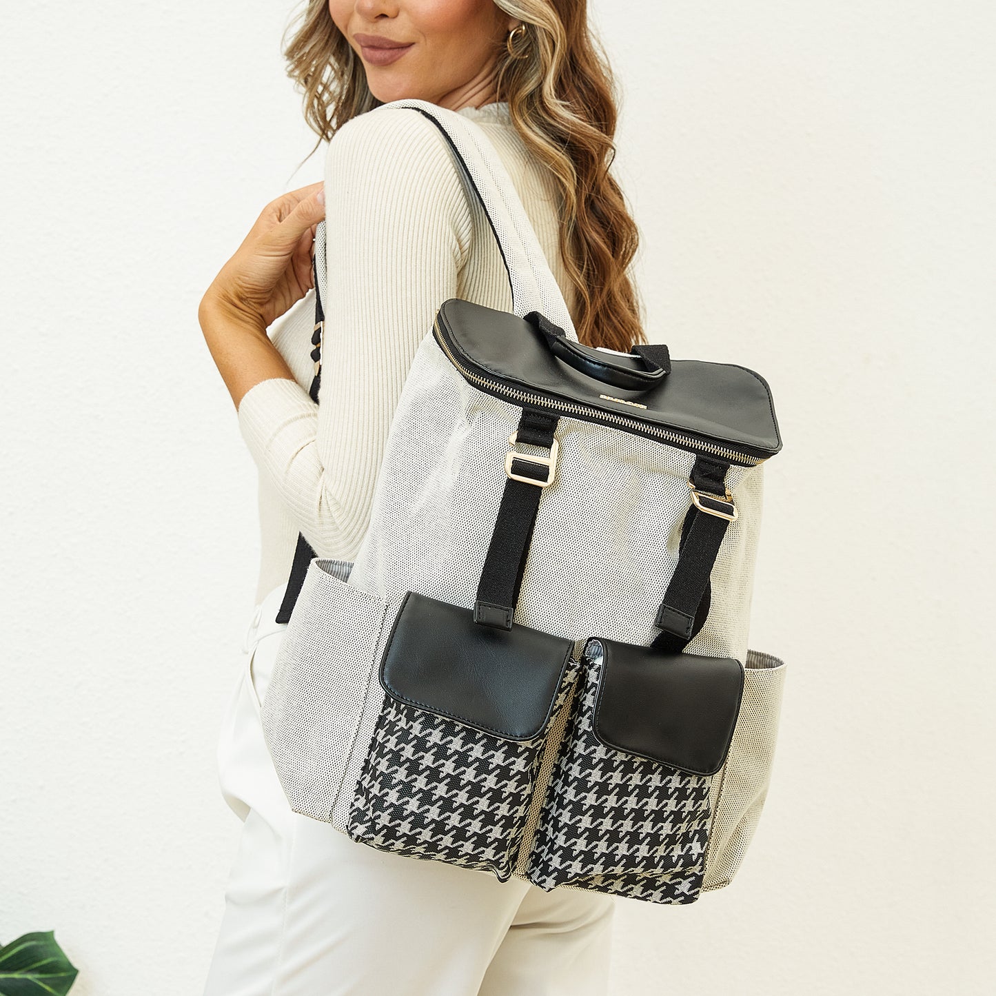 Premium Houndstooth Diaper Backpack - Water-Resistant Travel Bag